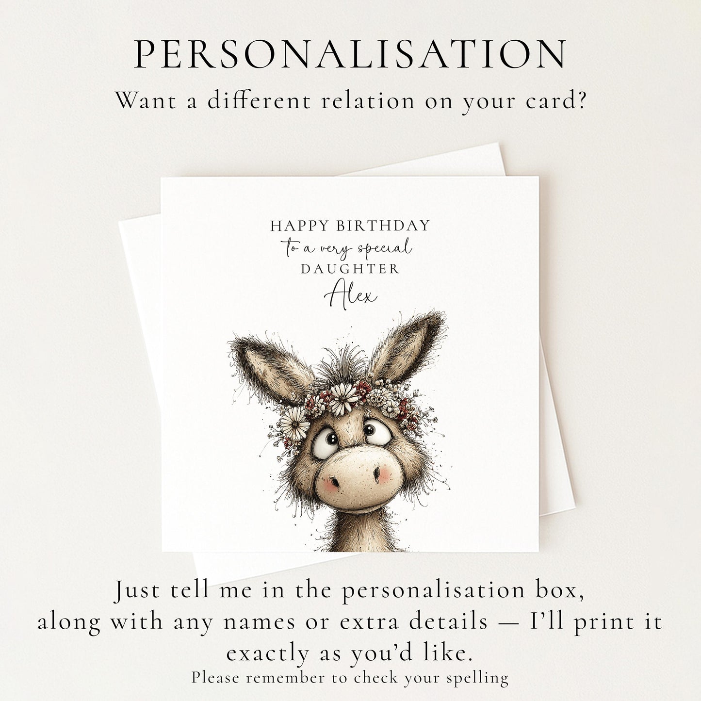 Birthday Card for Daughter, Personalised Name Card, Cute Donkey Illustration, Floral Crown Design, Thoughtful Birthday Greeting