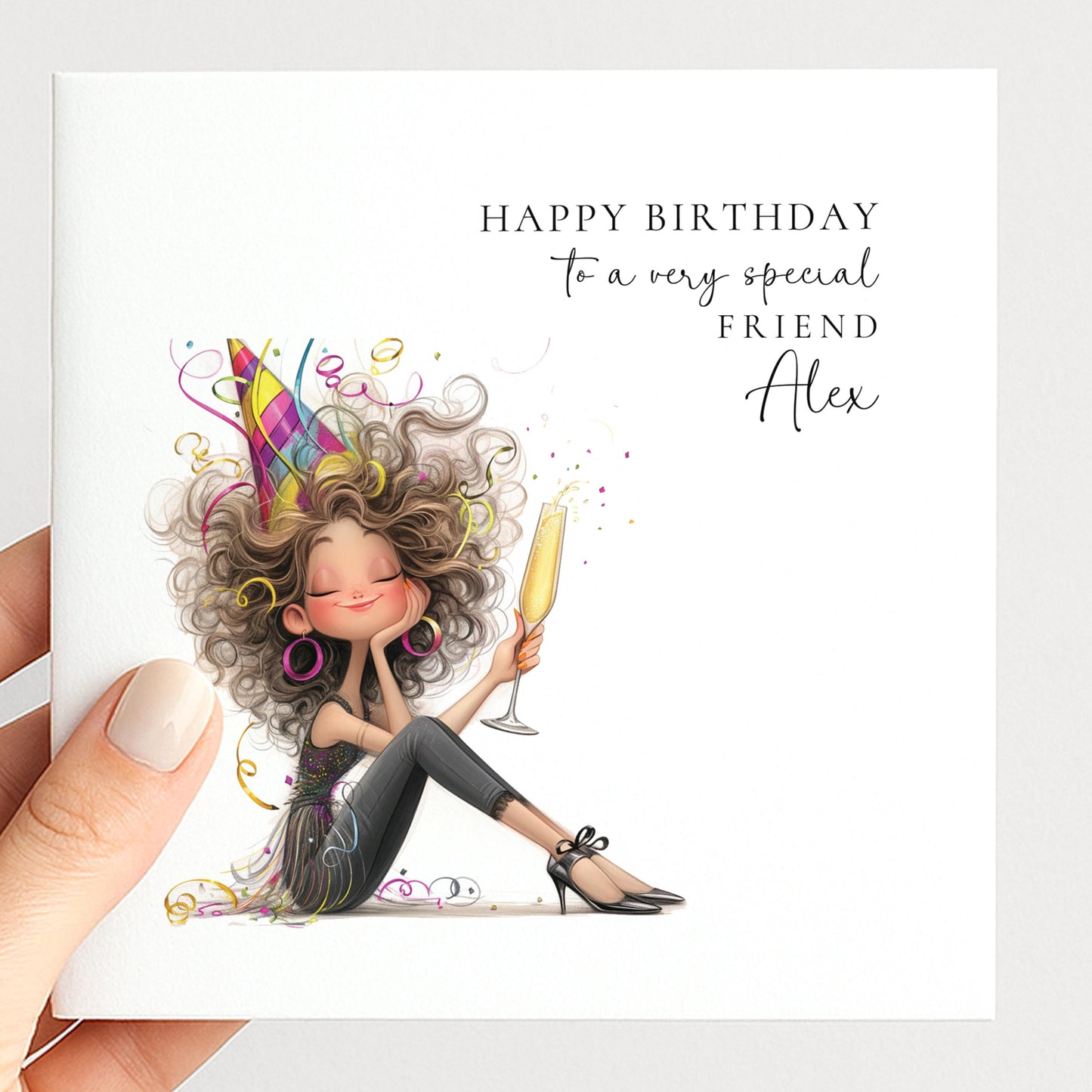 Personalised Birthday Card for Friend, Name Design, Fun Cocktail Illustration, Stylish Female Celebration Greeting
