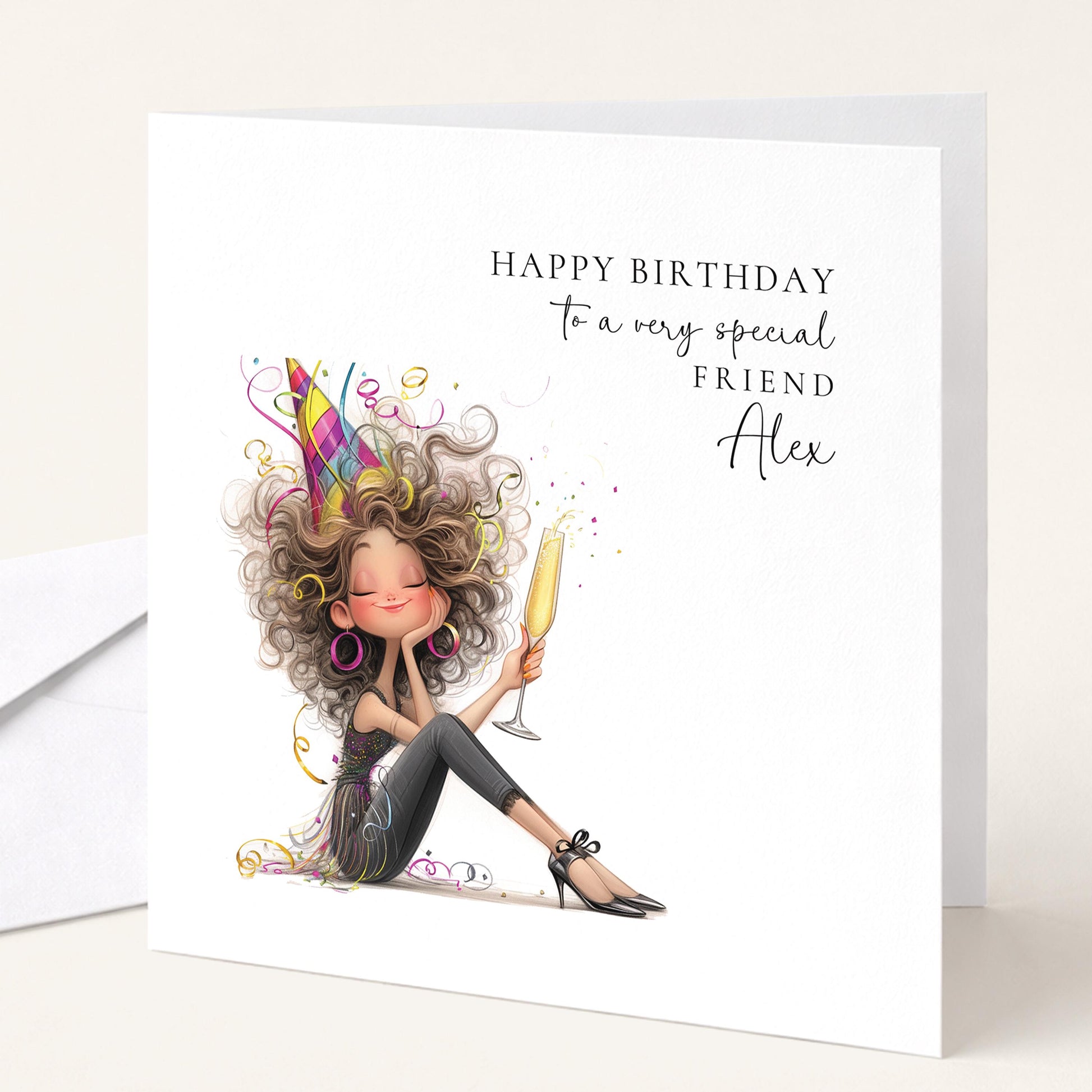 Personalised Birthday Card for Friend, Name Design, Fun Cocktail Illustration, Stylish Female Celebration Greeting