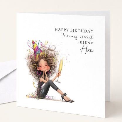 Personalised Birthday Card for Friend, Name Design, Fun Cocktail Illustration, Stylish Female Celebration Greeting