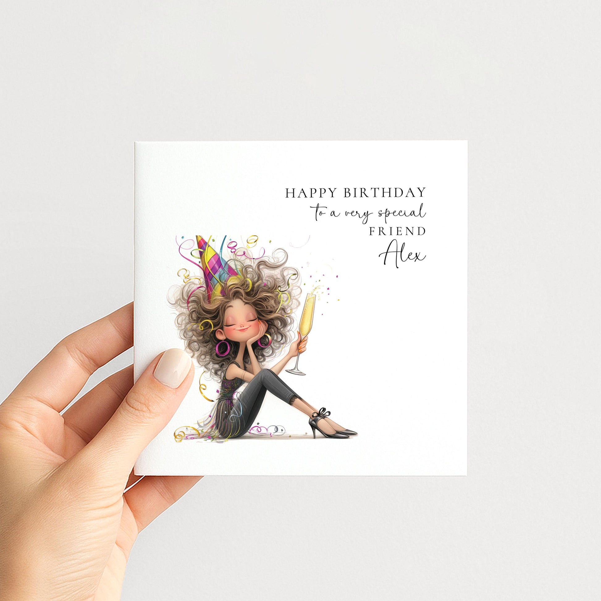 Personalised Birthday Card for Friend, Name Design, Fun Cocktail Illustration, Stylish Female Celebration Greeting