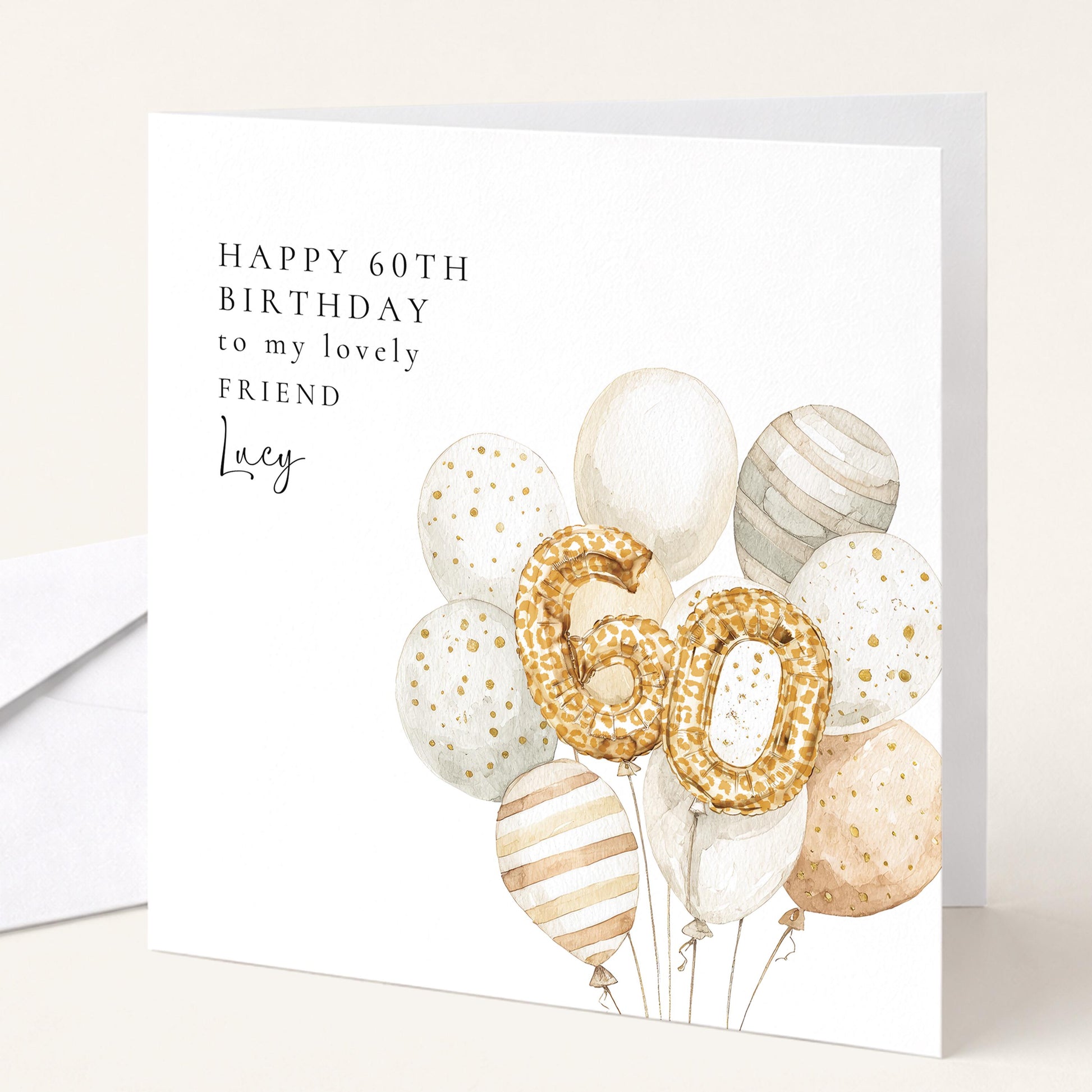 60th Birthday Card for Friend, Personalised Milestone Birthday Card, Elegant Gold Leopard Print Balloon Design, Custom Name Greeting