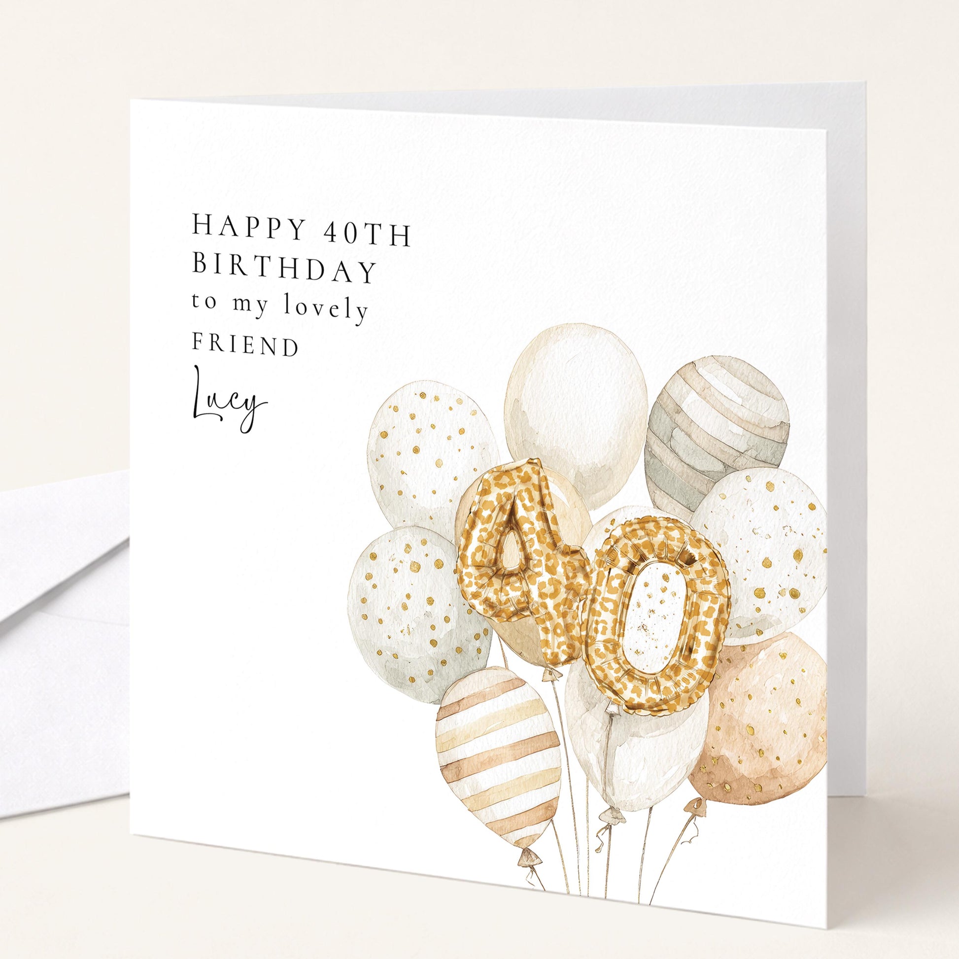 40th Birthday Card for Friend, Personalised Milestone Birthday Card, Elegant Gold Leopard Print Balloon Design, Custom Name Greeting
