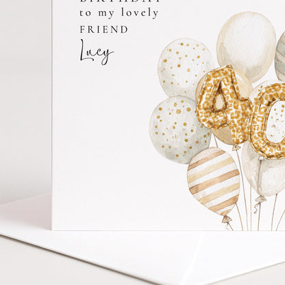 40th Birthday Card for Friend, Personalised Milestone Birthday Card, Elegant Gold Leopard Print Balloon Design, Custom Name Greeting
