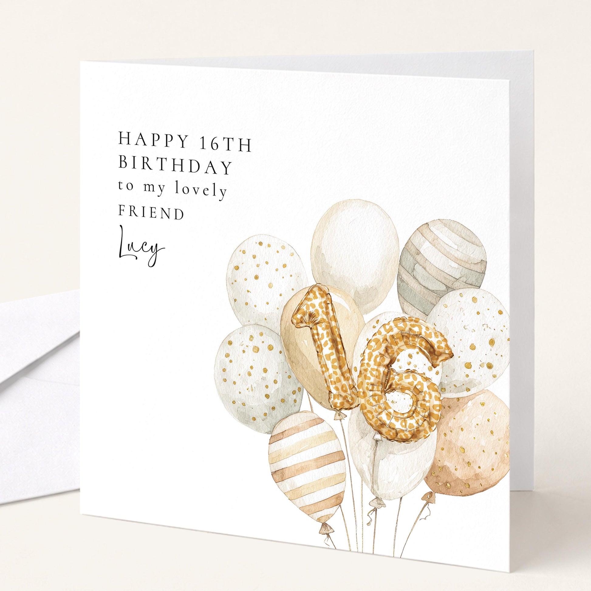 16th Birthday Card for Friend, Personalised Milestone Birthday Card, Elegant Gold Leopard Print Balloon Design, Custom Name Greeting