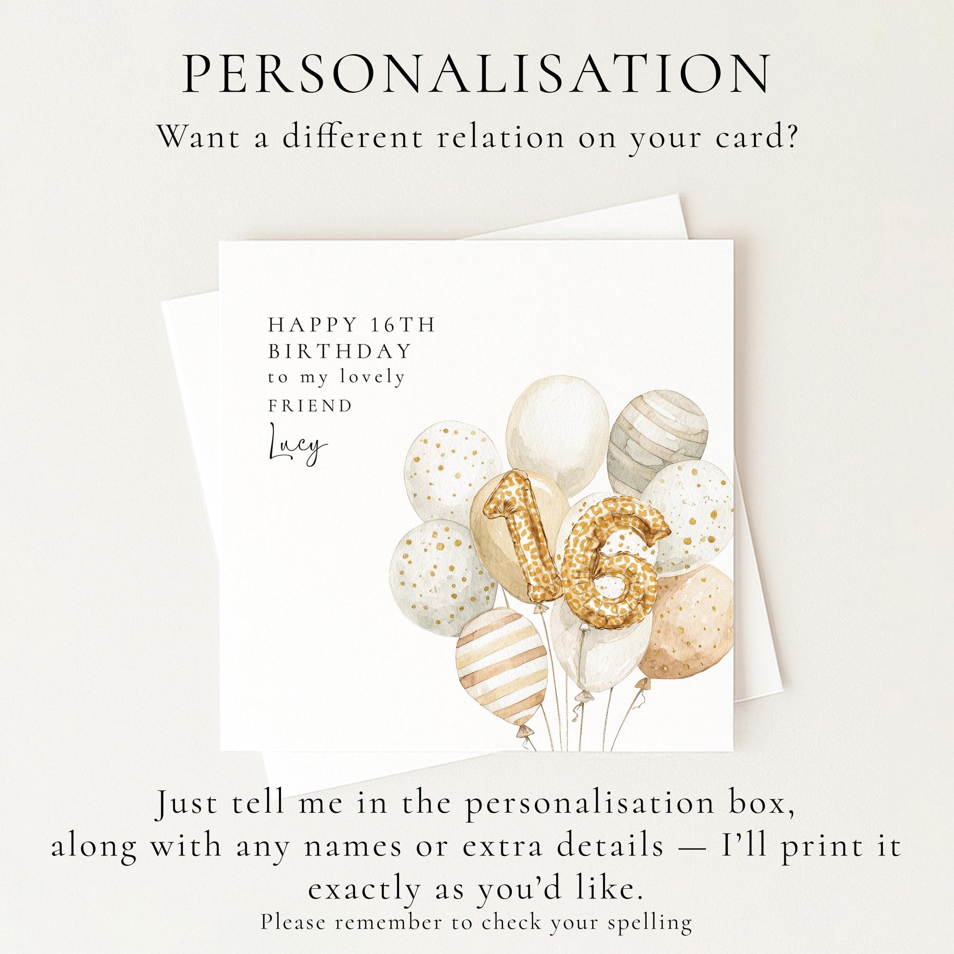 16th Birthday Card for Friend, Personalised Milestone Birthday Card, Elegant Gold Leopard Print Balloon Design, Custom Name Greeting