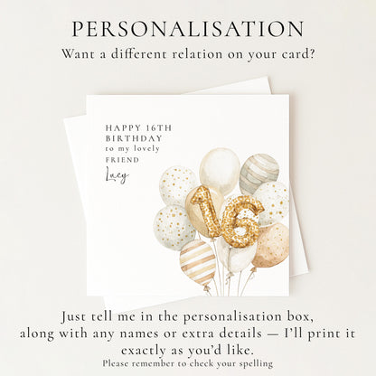 16th Birthday Card for Friend, Personalised Milestone Birthday Card, Elegant Gold Leopard Print Balloon Design, Custom Name Greeting