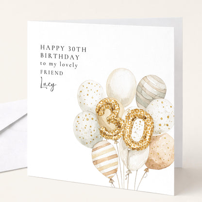 30th Birthday Card for Friend, Personalised Milestone Birthday Card, Elegant Gold Leopard Print Balloon Design, Custom Name Greeting