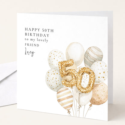 50th Birthday Card for Friend, Personalised Milestone Birthday Card, Elegant Gold Leopard Print Balloon Design, Custom Name Greeting