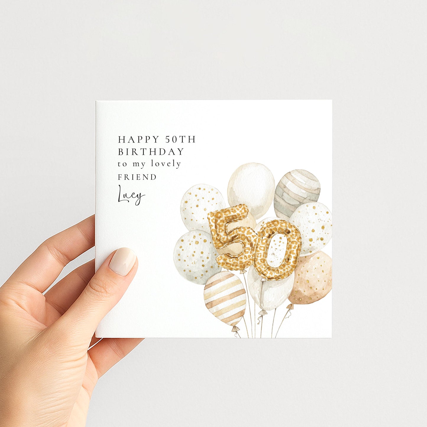 50th Birthday Card for Friend, Personalised Milestone Birthday Card, Elegant Gold Leopard Print Balloon Design, Custom Name Greeting