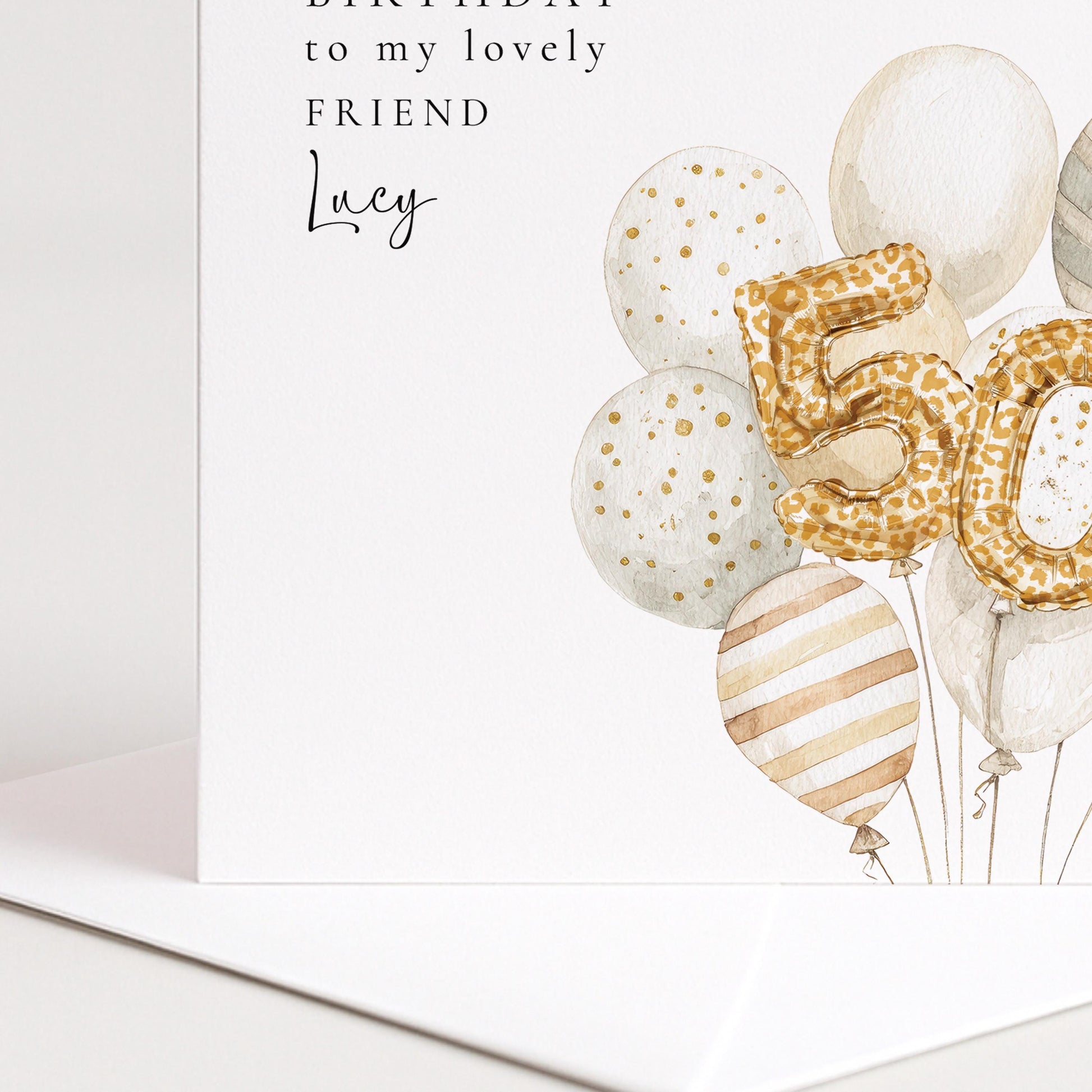 50th Birthday Card for Friend, Personalised Milestone Birthday Card, Elegant Gold Leopard Print Balloon Design, Custom Name Greeting