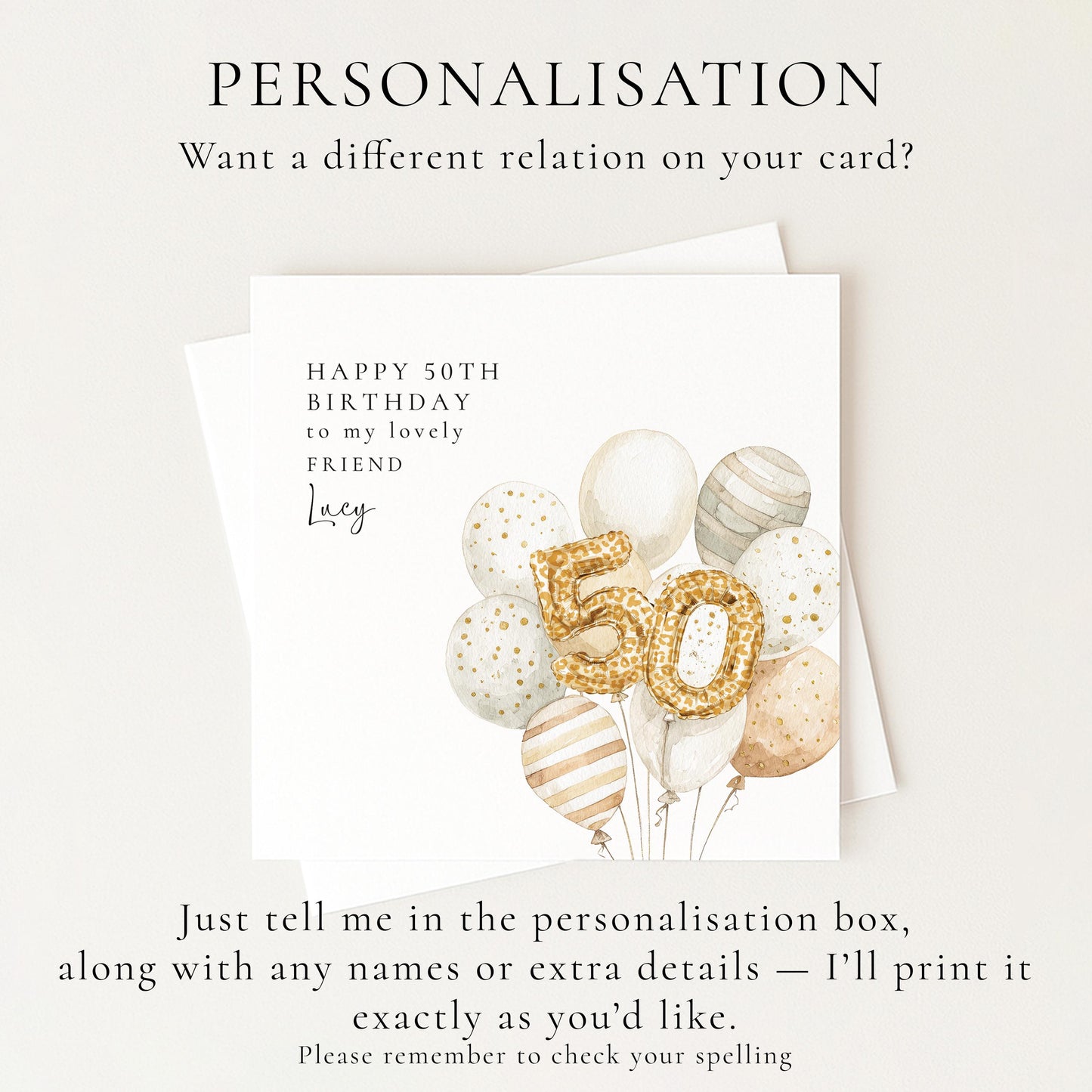 50th Birthday Card for Friend, Personalised Milestone Birthday Card, Elegant Gold Leopard Print Balloon Design, Custom Name Greeting