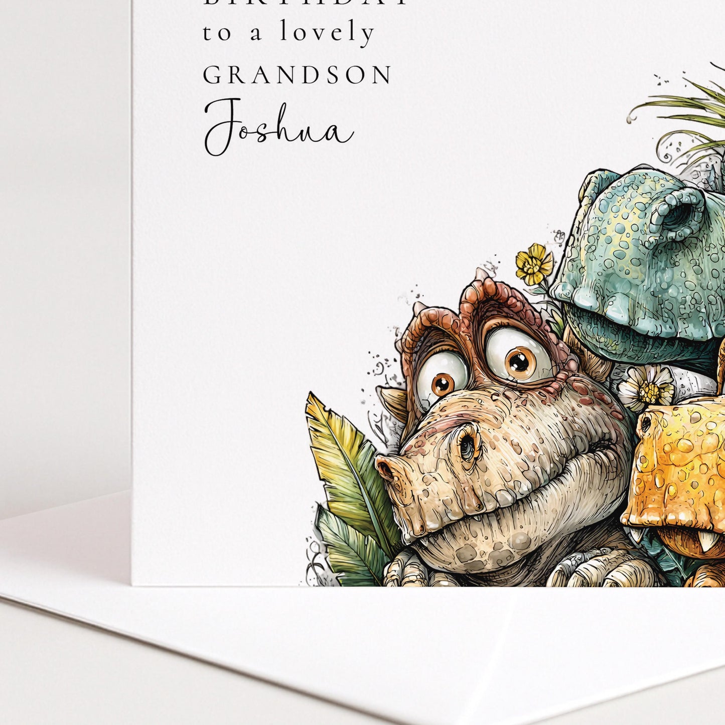 Birthday Card for Grandson, Personalised Dinosaur Birthday Card, Cute Dino Illustration, Custom Name Grandson Greeting