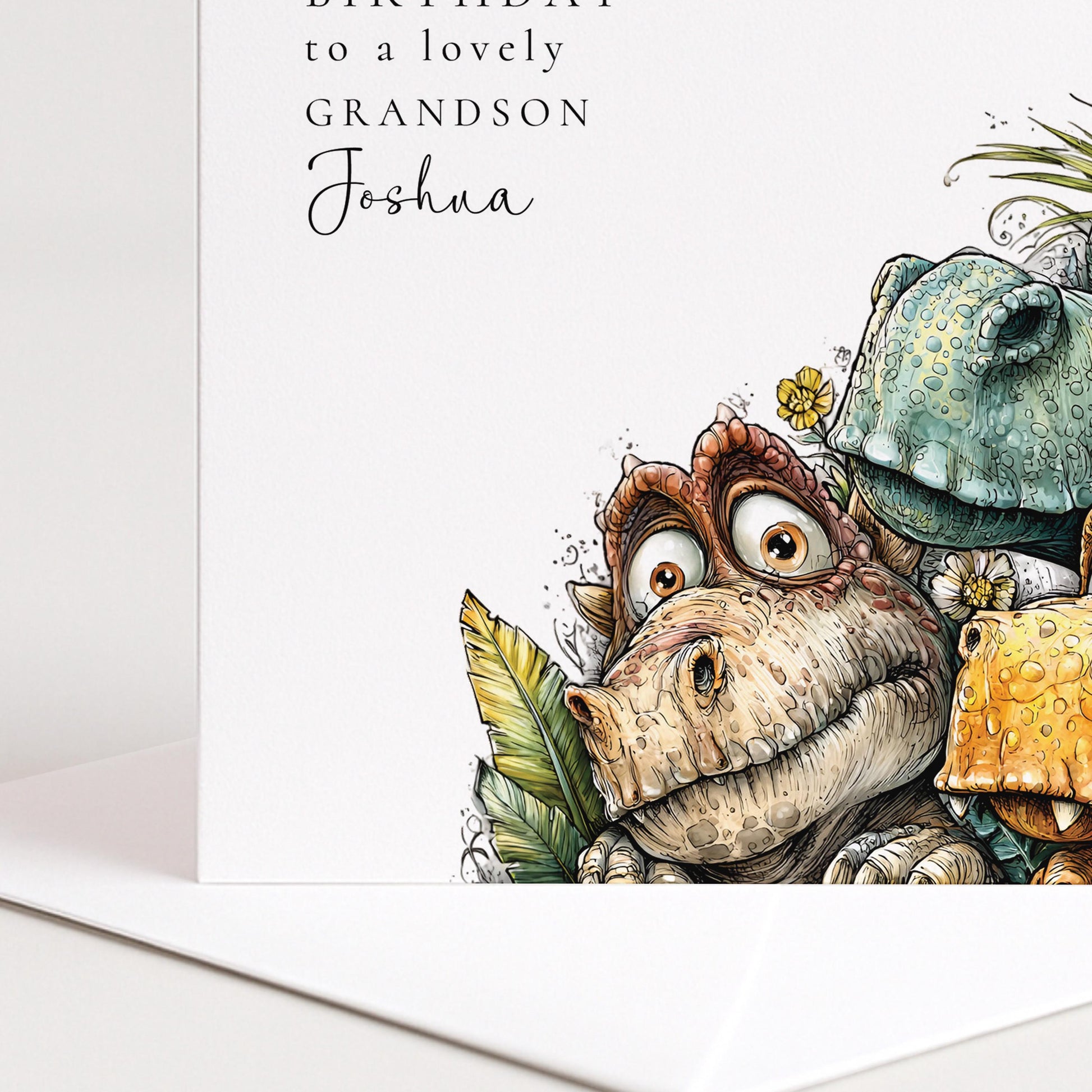 Birthday Card for Grandson, Personalised Dinosaur Birthday Card, Cute Dino Illustration, Custom Name Grandson Greeting