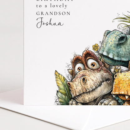 Birthday Card for Grandson, Personalised Dinosaur Birthday Card, Cute Dino Illustration, Custom Name Grandson Greeting