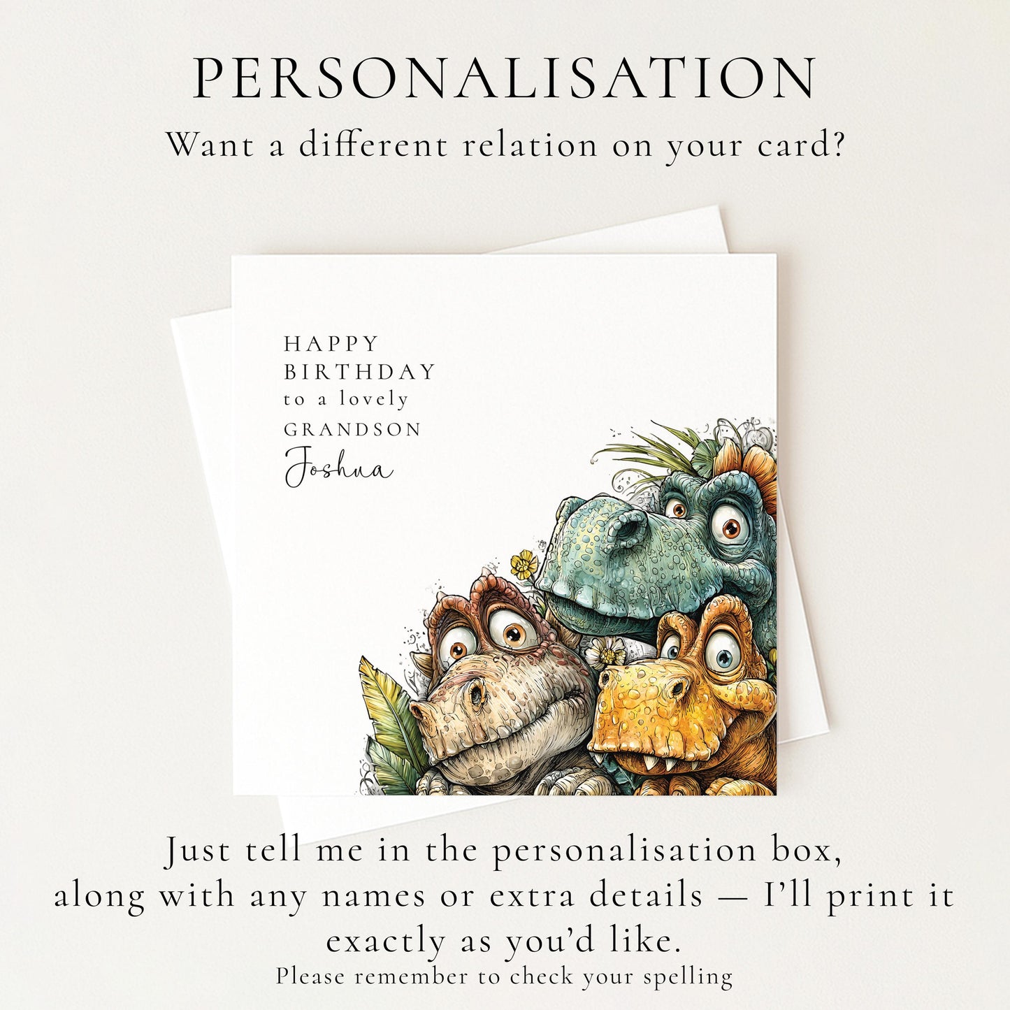 Birthday Card for Grandson, Personalised Dinosaur Birthday Card, Cute Dino Illustration, Custom Name Grandson Greeting