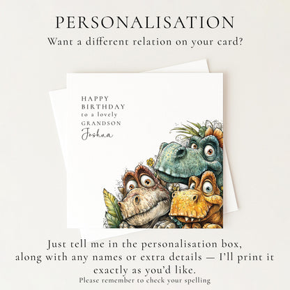Birthday Card for Grandson, Personalised Dinosaur Birthday Card, Cute Dino Illustration, Custom Name Grandson Greeting
