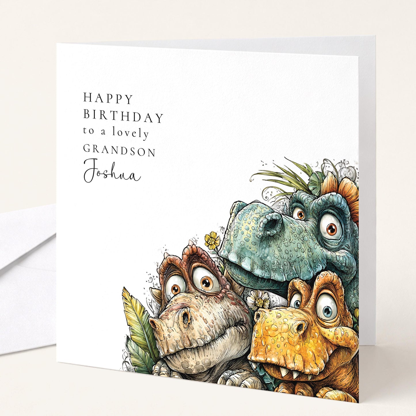 Birthday Card for Grandson, Personalised Dinosaur Birthday Card, Cute Dino Illustration, Custom Name Grandson Greeting