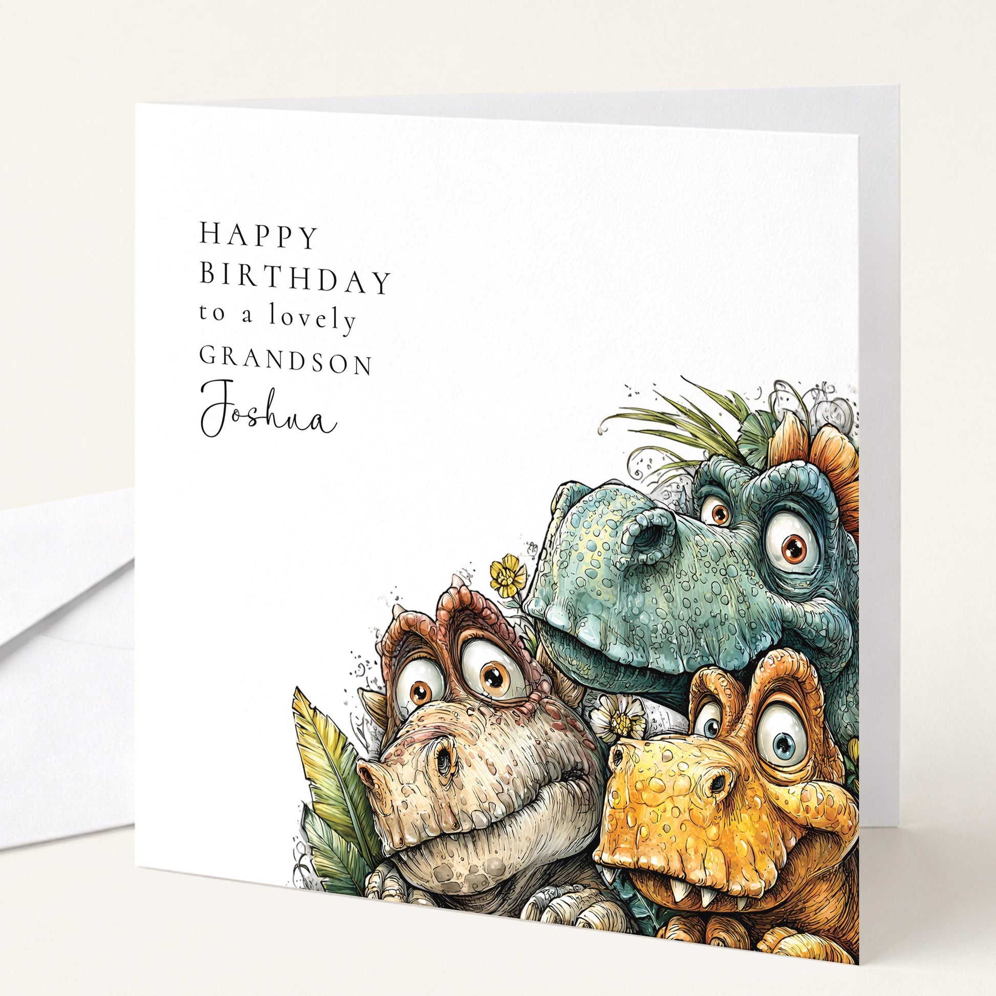 Birthday Card for Grandson, Personalised Dinosaur Birthday Card, Cute Dino Illustration, Custom Name Grandson Greeting