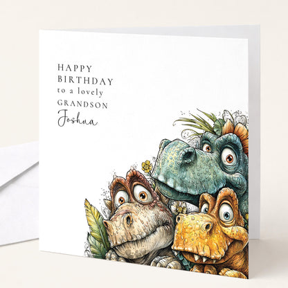 Birthday Card for Grandson, Personalised Dinosaur Birthday Card, Cute Dino Illustration, Custom Name Grandson Greeting
