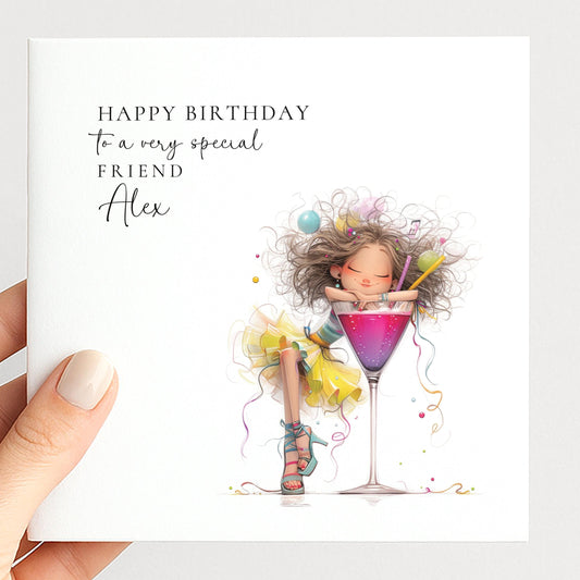 Birthday Card, Personalised Cocktail Birthday Card for Her, Fun Party Birthday Card, Custom Name Printed Card, Glam Birthday Greeting