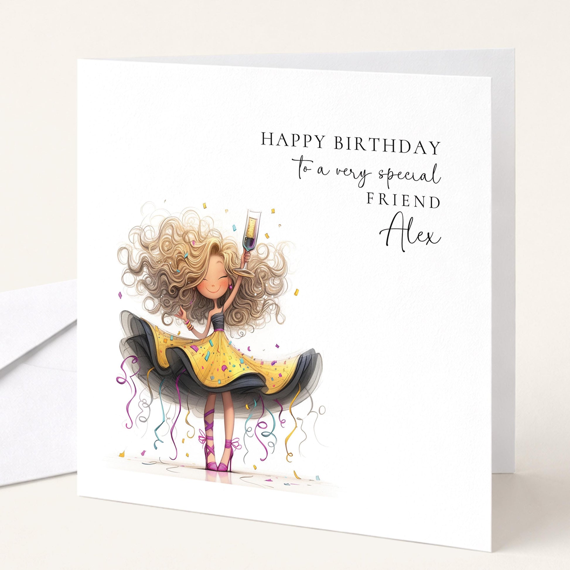 Birthday Card for Friend, Personalised Sparkle Birthday Card for Her, Fun Party Girl Birthday Card, Custom Name Printed Card, Celebration