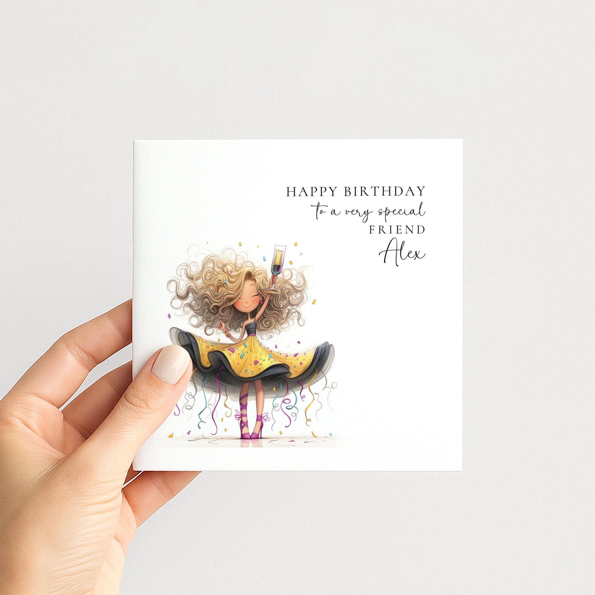 Birthday Card for Friend, Personalised Sparkle Birthday Card for Her, Fun Party Girl Birthday Card, Custom Name Printed Card, Celebration