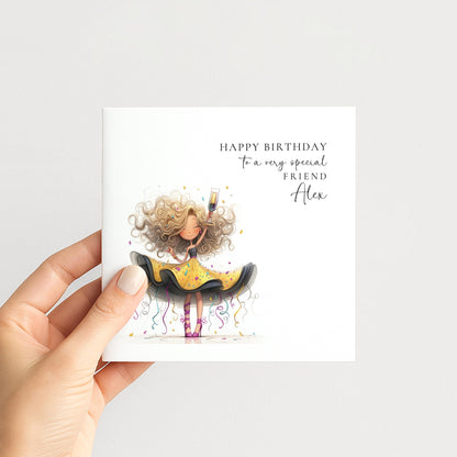 Birthday Card for Friend, Personalised Sparkle Birthday Card for Her, Fun Party Girl Birthday Card, Custom Name Printed Card, Celebration