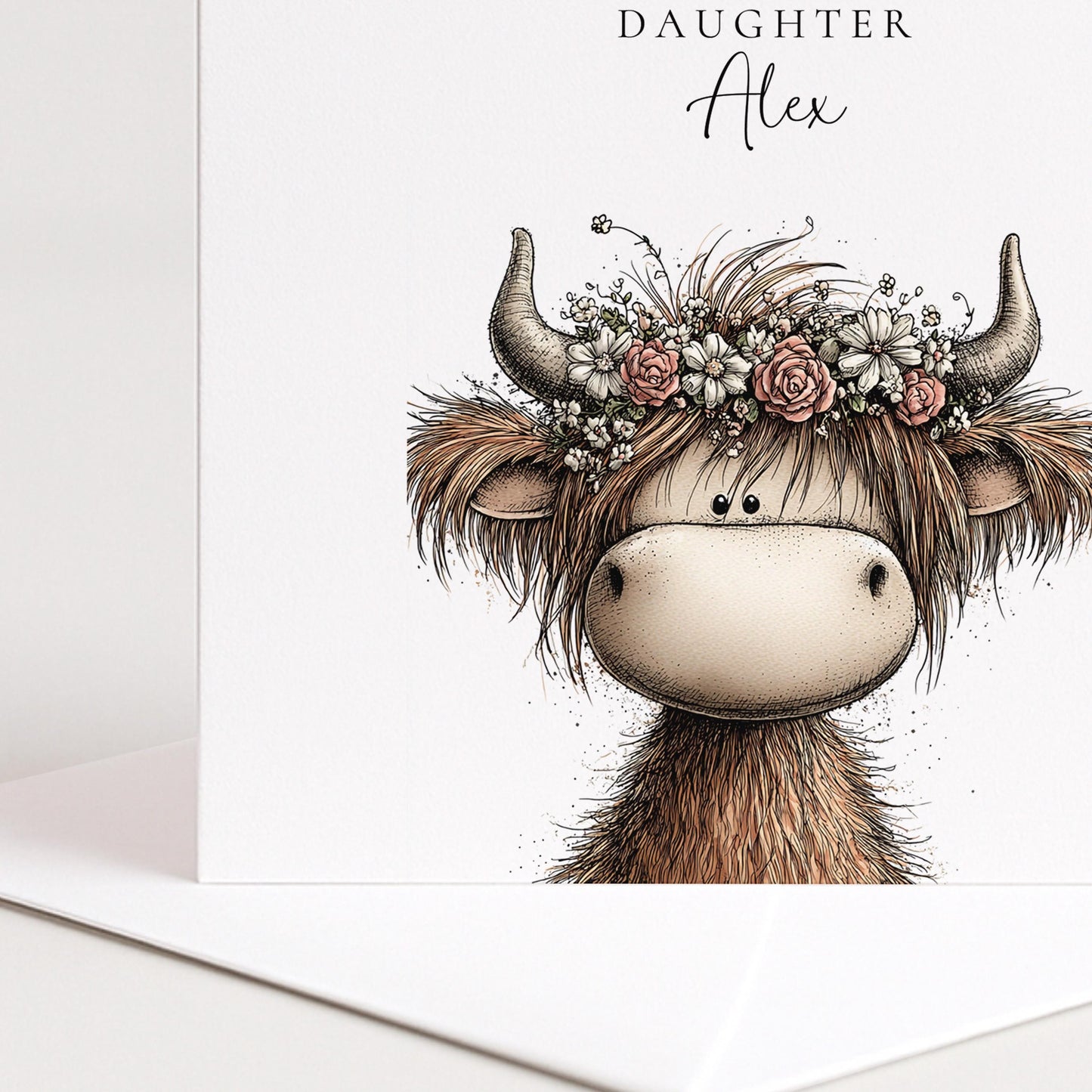 Dughter Birthday Card, Cute Highland Cow Card, Personalised Granddaughter Card, Floral Cow Card, Printed Children’s Birthday Card