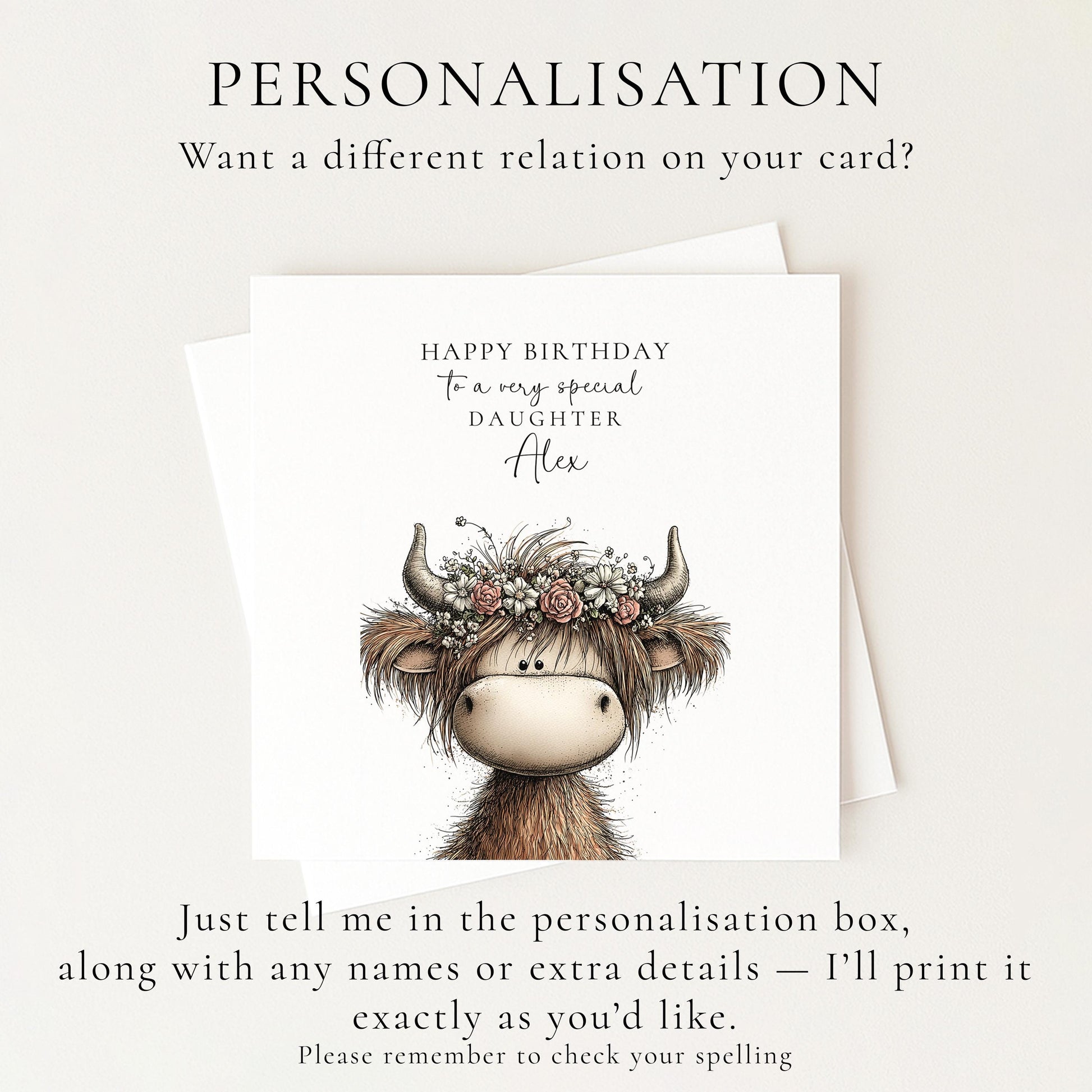 Dughter Birthday Card, Cute Highland Cow Card, Personalised Granddaughter Card, Floral Cow Card, Printed Children’s Birthday Card