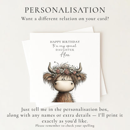 Dughter Birthday Card, Cute Highland Cow Card, Personalised Granddaughter Card, Floral Cow Card, Printed Children’s Birthday Card
