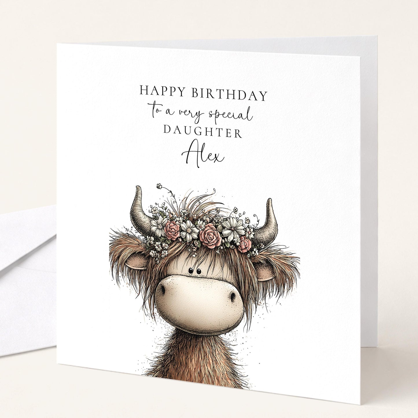 Dughter Birthday Card, Cute Highland Cow Card, Personalised Granddaughter Card, Floral Cow Card, Printed Children’s Birthday Card