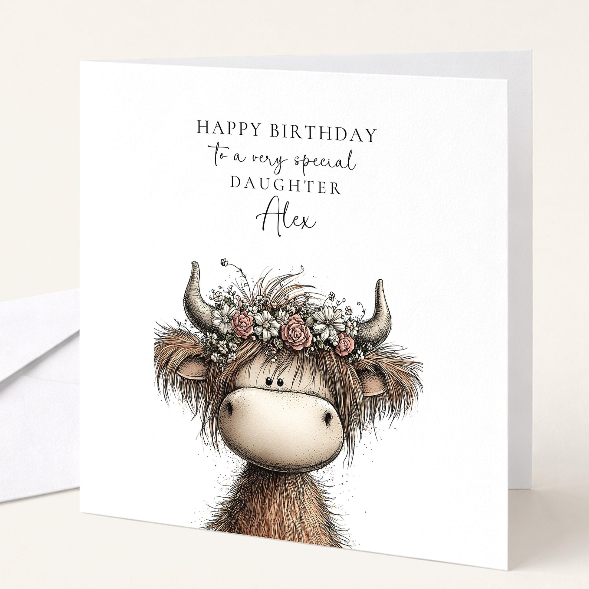 Dughter Birthday Card, Cute Highland Cow Card, Personalised Granddaughter Card, Floral Cow Card, Printed Children’s Birthday Card