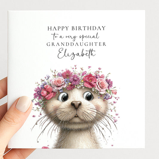 Birthday Card for Granddaughter, Cute Otter Birthday Card, Floral Animal Birthday Card, Personalised Birthday Card