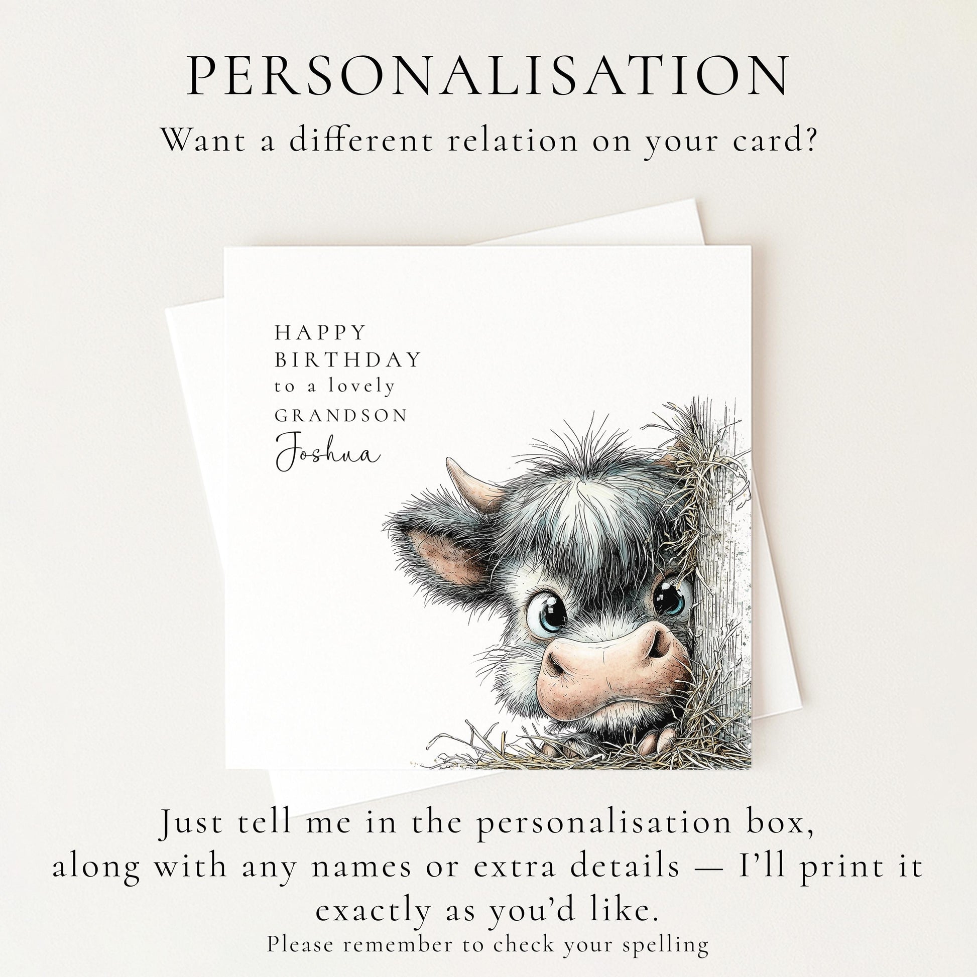 Grandson Birthday Card, Personalised Grandson Card, Cute Highland Cow Birthday Card, Farm Animal Birthday Card, Birthday Card for Grandchild