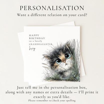 Granddaughter Birthday Card, Personalised Granddaughter Card, Kitten Birthday Card, Cat Lover Birthday Card, Birthday Card for Grandchild
