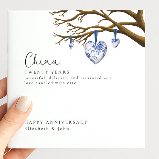 20th Wedding Anniversary Card, China Anniversary Card for Husband Wife or Couple, Twenty Years Married Keepsake Card