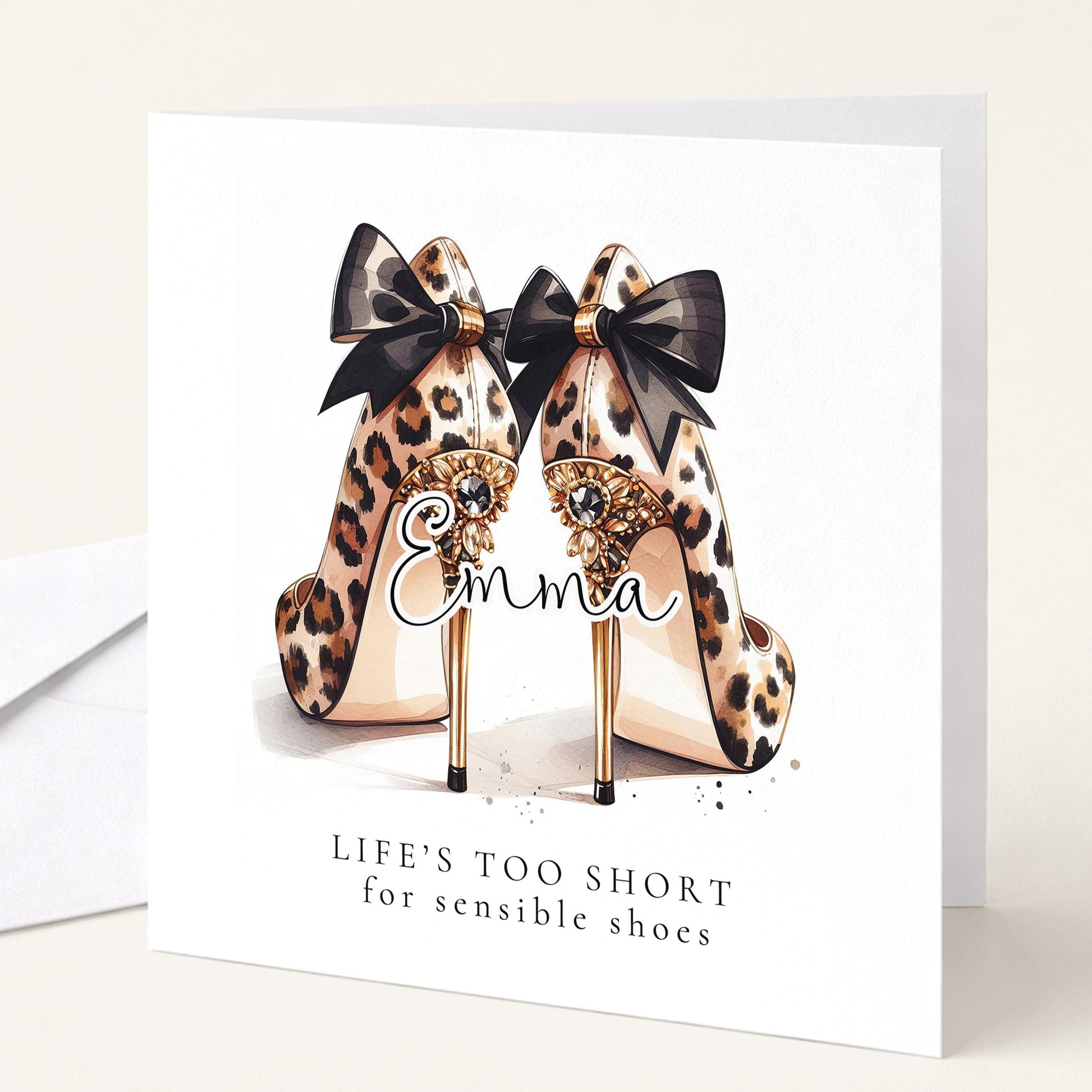 Funny Birthday Card for Friend, Life’s Too Short for Sensible Shoes, Leopard Print Glam Heels Card, Stylish Birthday Card for Her