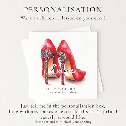 Funny Birthday Card for Her, Life’s Too Short for Sensible Shoes, Red Glam Heels Birthday Card, Stylish Friend Card, Fashion Lover Gift