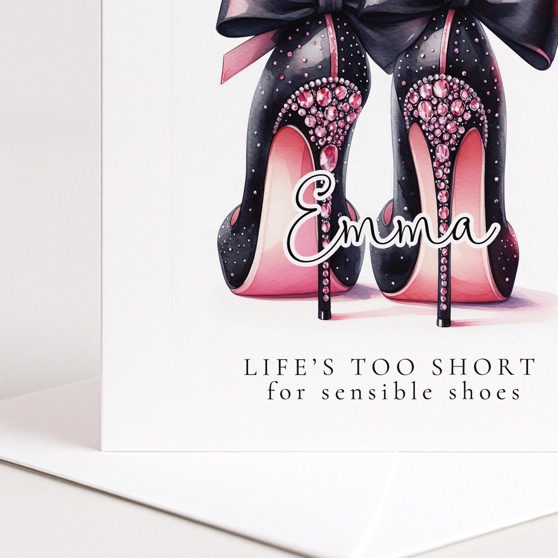 Funny Birthday Card for Her, Life’s Too Short for Sensible Shoes, Glam Bow Heels Card, Stylish Friend Birthday, Fashion Lover Gift