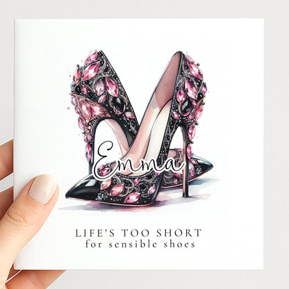 Funny Birthday Card for Her, Life’s Too Short for Sensible Shoes, Glam Jewel Heels Card, Stylish Friend Birthday, Fashion Lover Gift