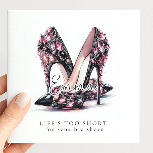 Funny Birthday Card for Her, Life’s Too Short for Sensible Shoes, Glam Jewel Heels Card, Stylish Friend Birthday, Fashion Lover Gift