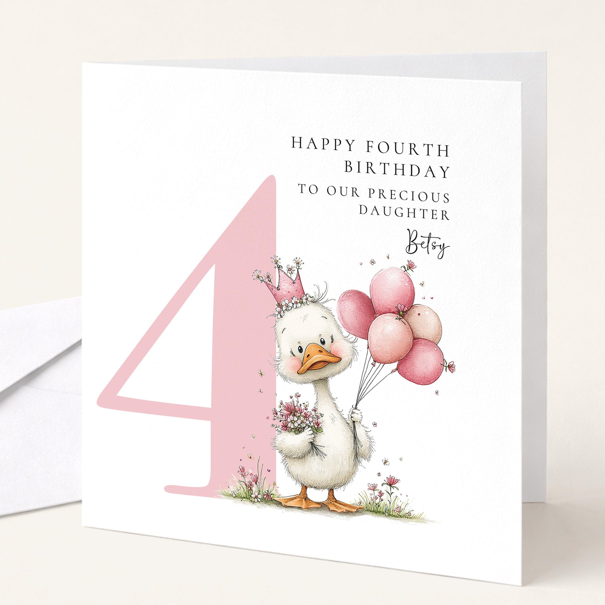 Personalised 4th Birthday Card for Girl, Fourth Birthday Daughter Card, Baby Girl Age 4 Card, Custom Name Birthday Keepsake