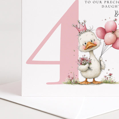 Personalised 4th Birthday Card for Girl, Fourth Birthday Daughter Card, Baby Girl Age 4 Card, Custom Name Birthday Keepsake