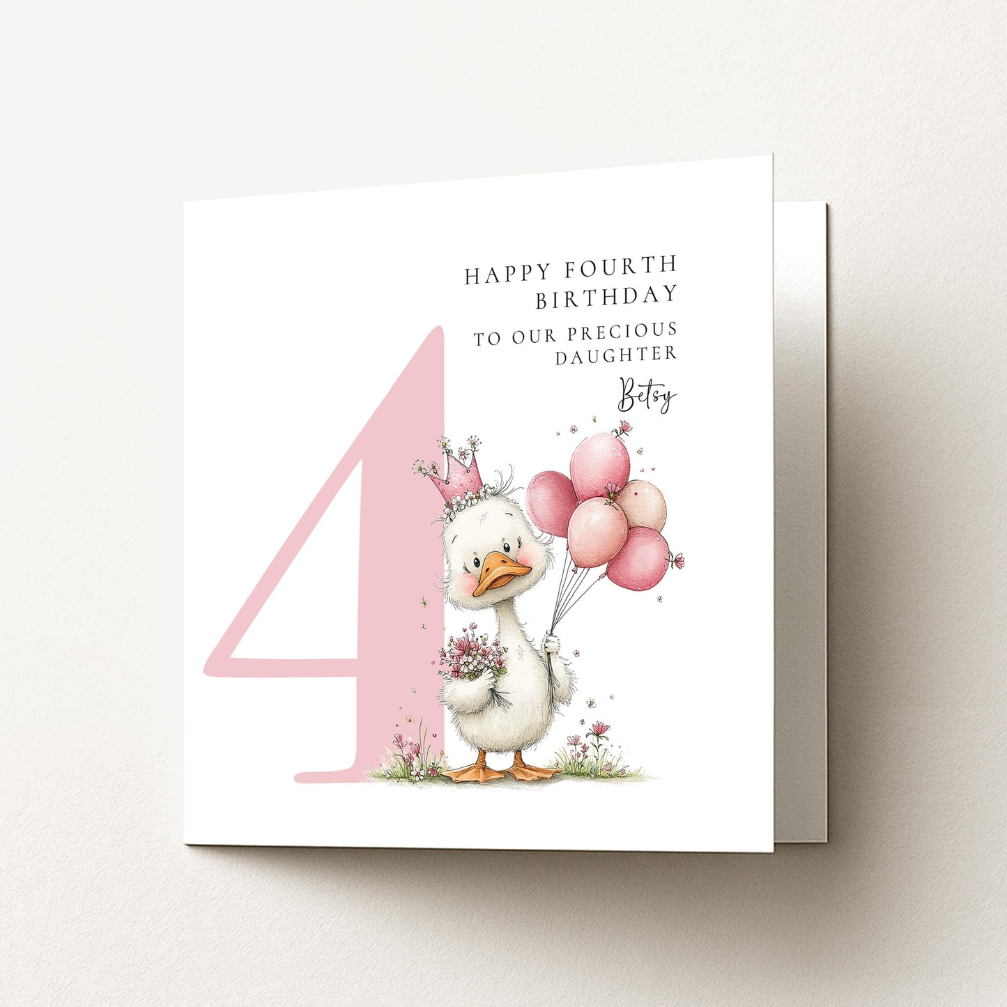 Personalised 4th Birthday Card for Girl, Fourth Birthday Daughter Card, Baby Girl Age 4 Card, Custom Name Birthday Keepsake