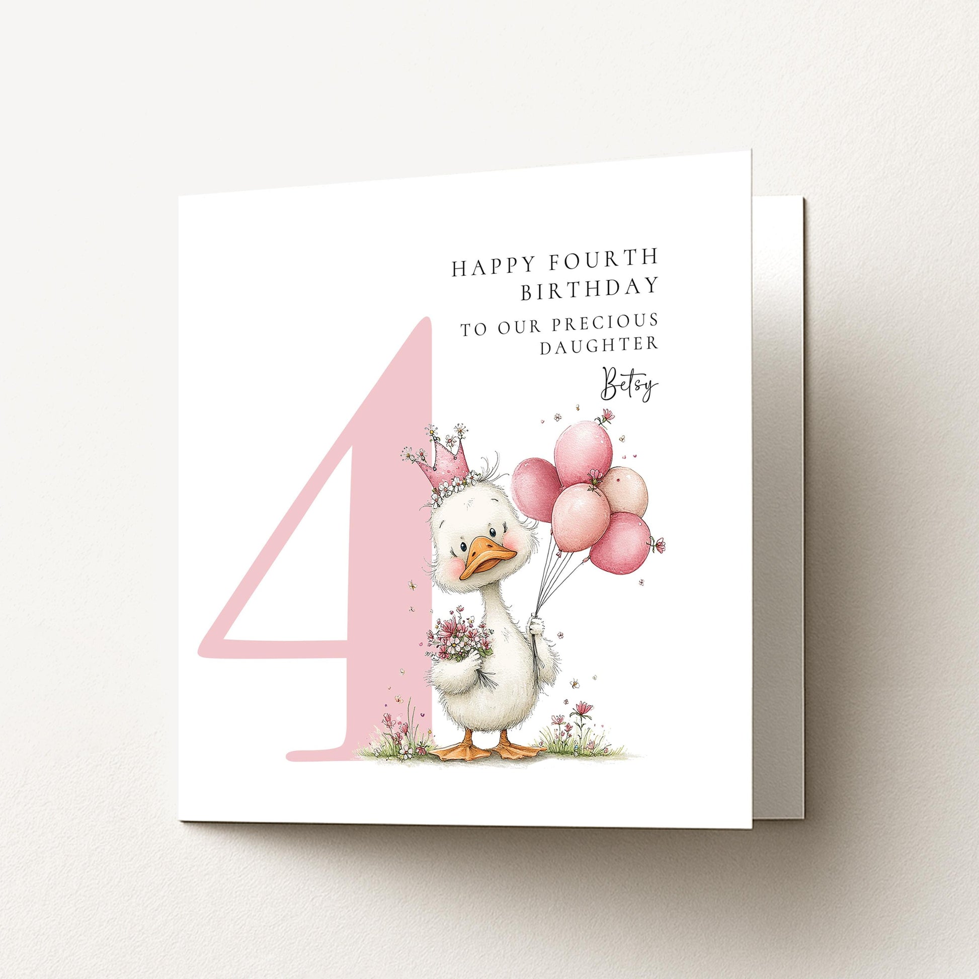 Personalised 4th Birthday Card for Girl, Fourth Birthday Daughter Card, Baby Girl Age 4 Card, Custom Name Birthday Keepsake