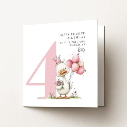 Personalised 4th Birthday Card for Girl, Fourth Birthday Daughter Card, Baby Girl Age 4 Card, Custom Name Birthday Keepsake