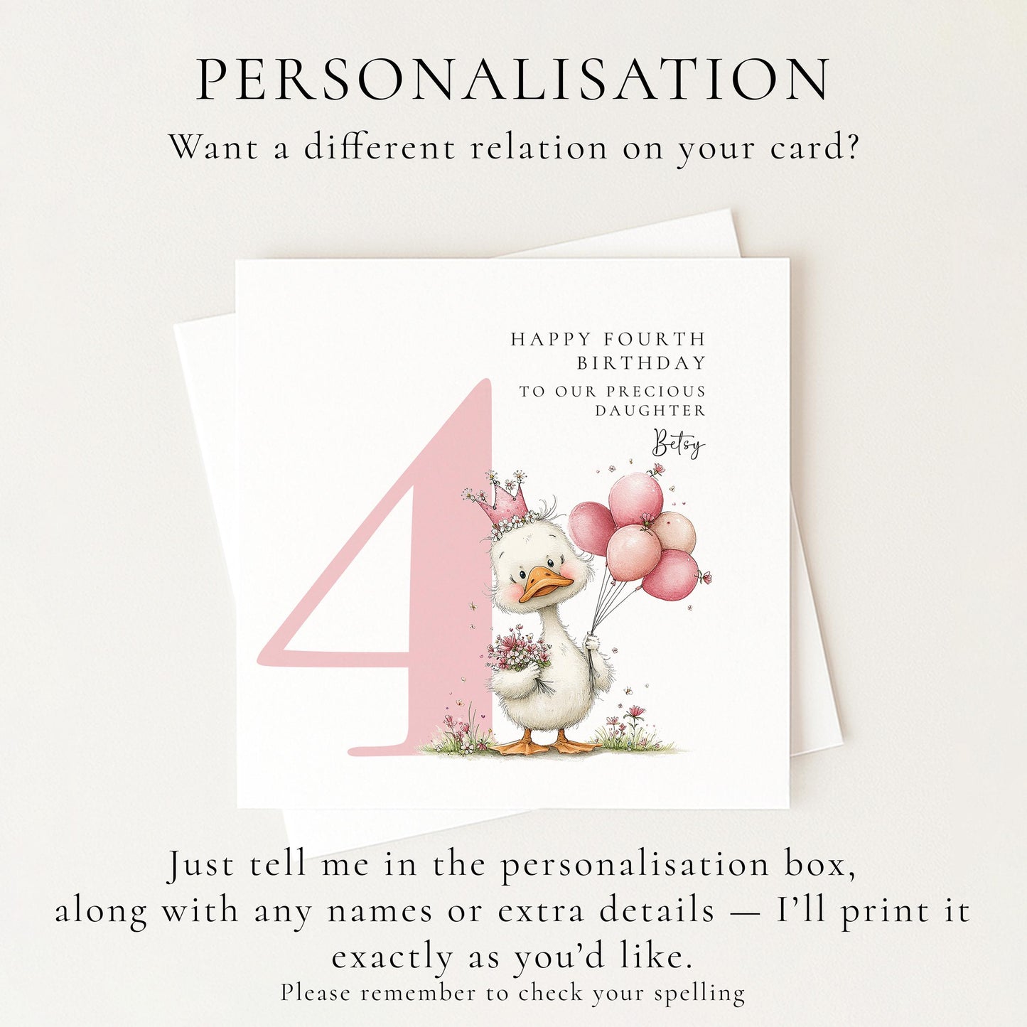 Personalised 4th Birthday Card for Girl, Fourth Birthday Daughter Card, Baby Girl Age 4 Card, Custom Name Birthday Keepsake