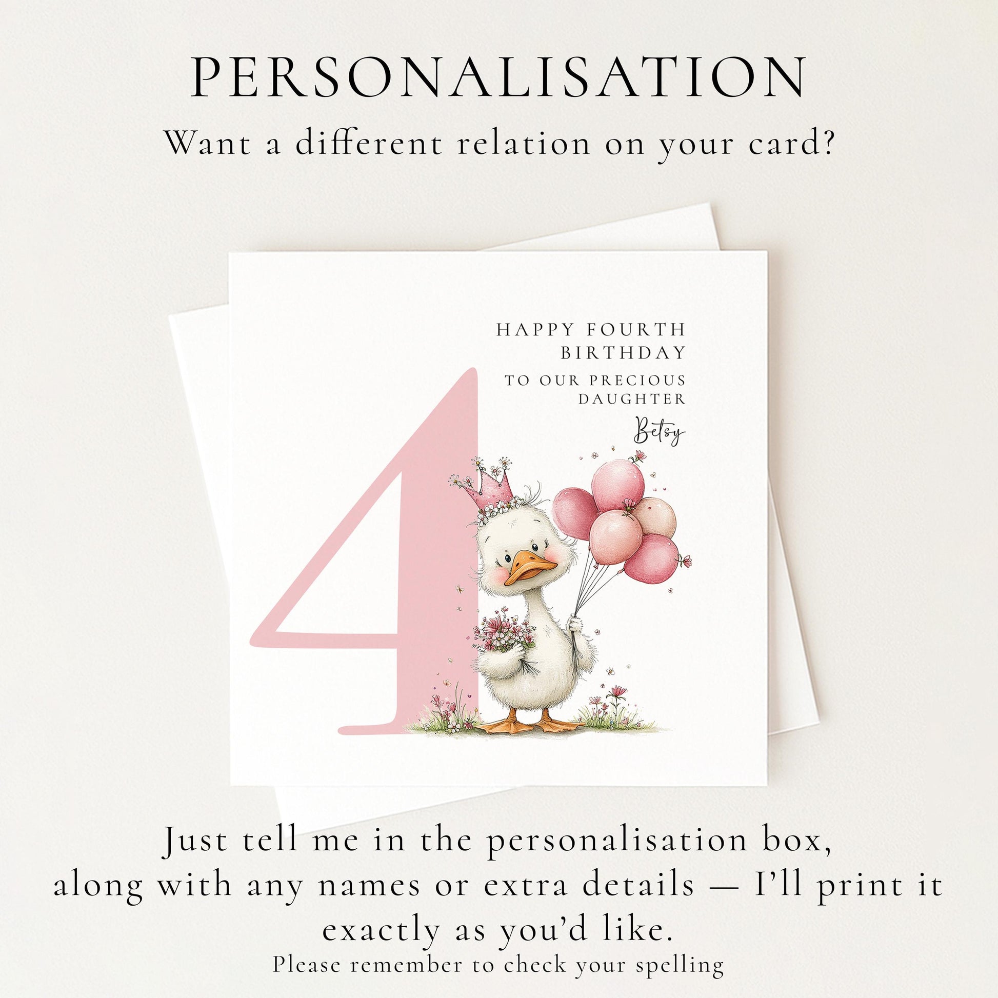 Personalised 4th Birthday Card for Girl, Fourth Birthday Daughter Card, Baby Girl Age 4 Card, Custom Name Birthday Keepsake