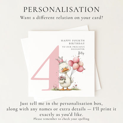 Personalised 4th Birthday Card for Girl, Fourth Birthday Daughter Card, Baby Girl Age 4 Card, Custom Name Birthday Keepsake